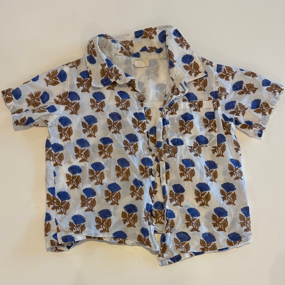Blue Rooster Floral Print Shirt - Blue and Brown size 4Y